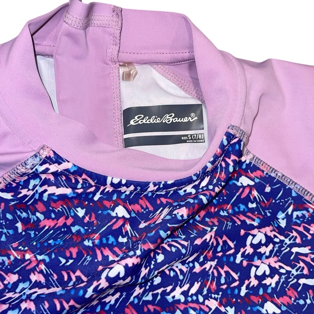 Eddie‎ Bauer Girls Size Small 7/8 Rash Guard Short Sleeve Swim Shirt Purple EUC